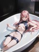 A woman in a bathtub with long pink hair.